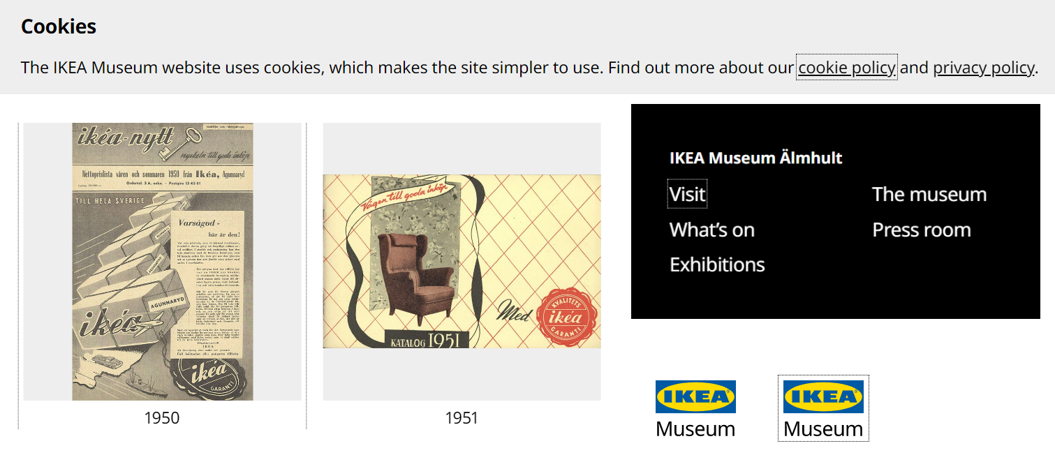 Сообщение о кукиз с фокусом на ссылке на описание политики сайта, слайдер со старыми каталогами мебели, список ссылок из футера и логотип сайта с надписью Ikea внутри жёлтого овала на синем фоне.