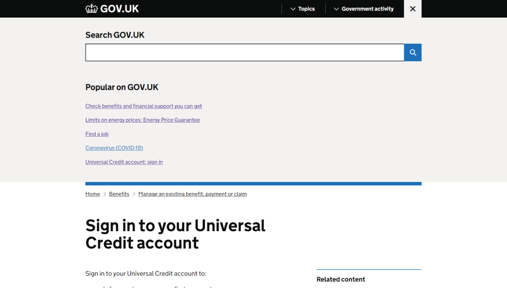 Другая страница сайта правительства Британии с информацией о входе в аккаунт на сайте. Открыто меню с пустой строкой поиска по сайту. У неё есть видимая подпись «Искать gov.uk», рядом со строкой расположена кнопка с иконкой лупы.