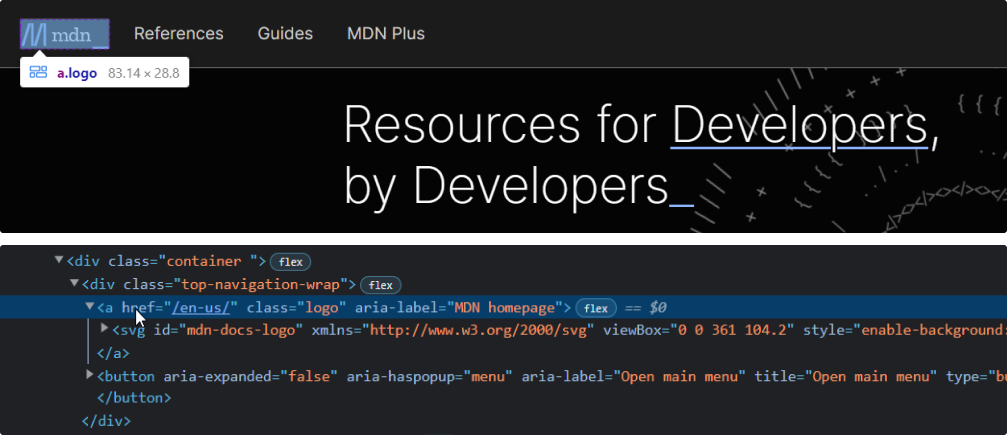Открыт инструмент разработчика Chrome, выделен логотип и часть соответствующего ему HTML-кода. В коде это ссылка с `aria-label` с содержимым «MDN homepage». Логотип выглядит как большая светло-голубая буква «M» под наклоном, после неё идёт маленькая надпись «mdn» с нижним подчёркиванием.